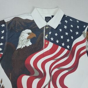 Cotton Traders Polo Shirt Men's Large White All Over Print American Flag